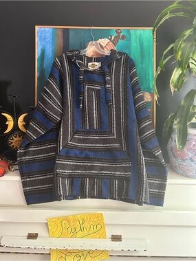 Earth Ragz Baja Hoodie Pullover Blue Black Striped Mexican Blanket XXL Boho